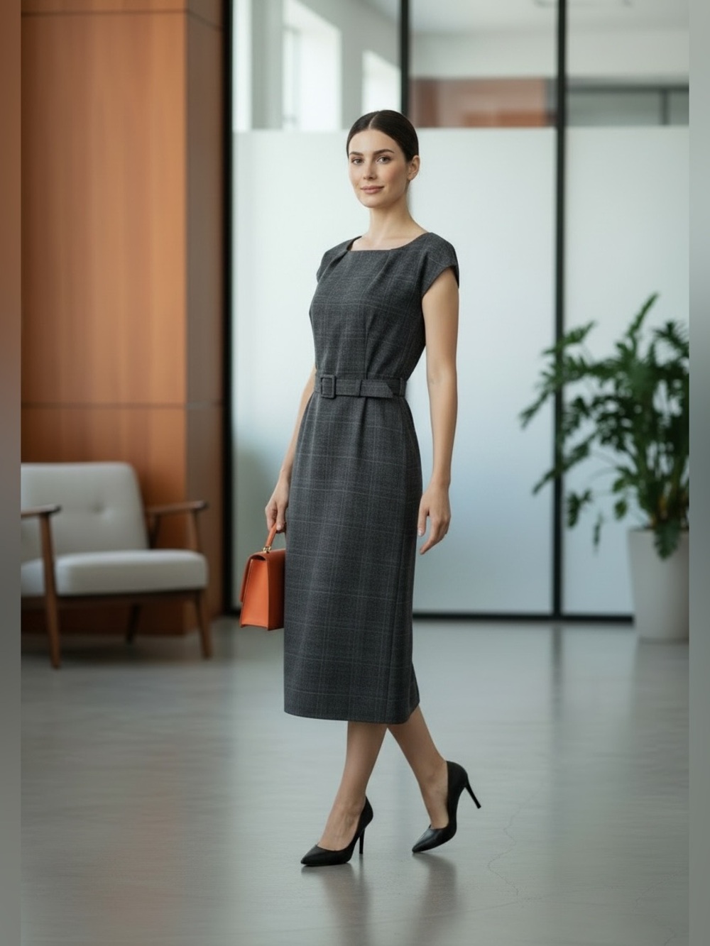Banana Republic Stretch Glen Plaid Belted Midi Dress Square Neck Gray Size 10